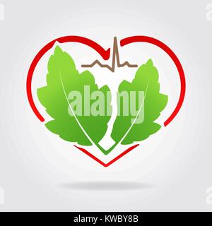 Abstract medical health icon with silhouette of stylized heart shape, pair of green leaves and line of cardiogram and shadow. Can used as logo, symbol Stock Vector