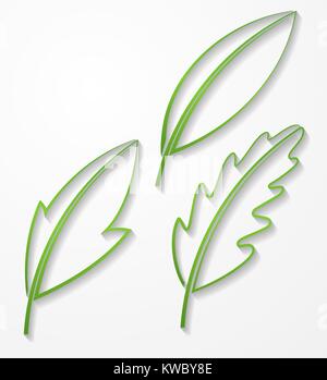 Set of 3 outline vector silhouettes of green leaves with shadow. Stock Vector