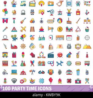 100 party time icons set, cartoon style  Stock Vector