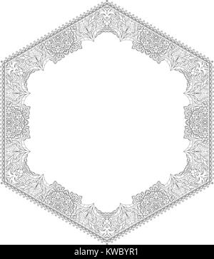 Unusual hexagon rich decorated floral decorative frame with empty space for your design or text. Vector illustration in East mandala style. Stock Vector