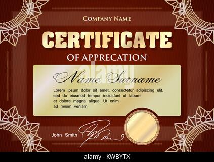 Certificate or diploma template design, dark red and gold tones Stock Vector