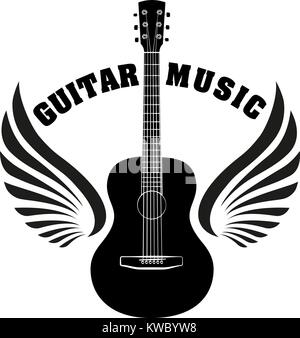 Musical emblem with wings, fire and caption Guitar music Stock Vector