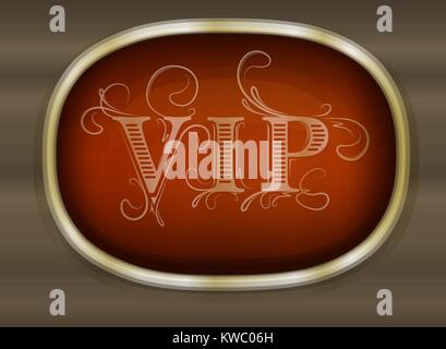Gold unusual oval frame with shadow and caption VIP on dark background for your design Stock Vector