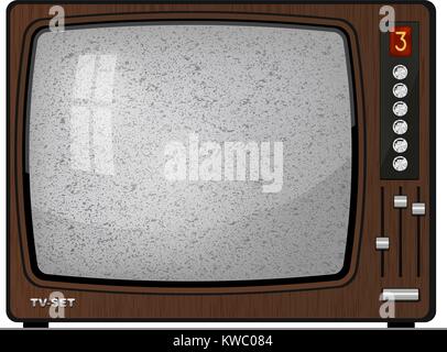 Realistic vintage TV-set with nixie indicator and interference on the screen. Stock Vector