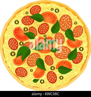 Colorful fresh pizza with salami slices of tomato, olive and leaves of basil. Stock Vector