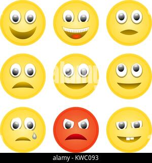 Vector illustration of the set of 9 different emoticons isolated on white. Stock Vector