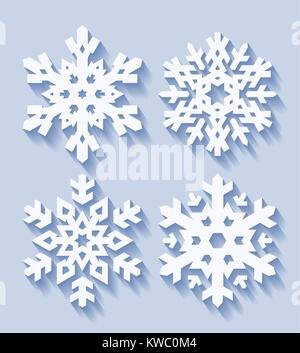 Set of four decorative snowflakes with shadow in flat style. Vector geometric pattern in light blue tones. Stock Vector