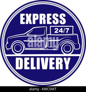 Express delivery 24/7 blue design for your application or logo with silhouette of pickup truck Stock Vector
