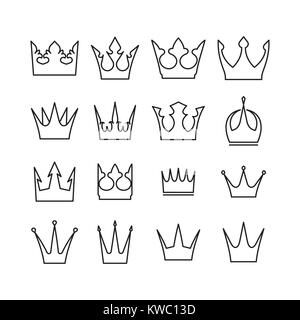 Set of 16 vector crowns icons for your design in mono line style. Stock Vector