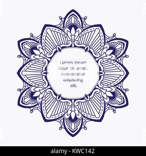Unusual, hexagonal, blue lace frame, decorative element with empty place for your text. Vector illustration. Stock Vector