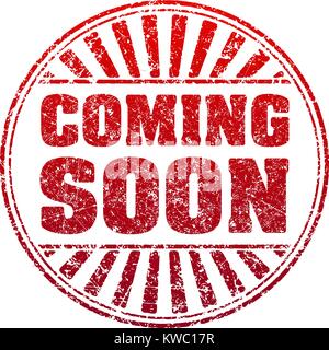 Coming soon red grunge style rubber stamp with rays. Stock Vector