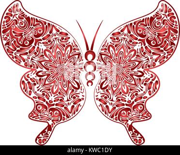 Hand drawn vector zentangle doodle butterfly illustration in red gradient tones. Stock Vector