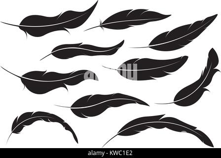 Set of ten vector silhouette of feathers Stock Vector