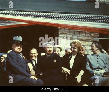 Truman Presidential Library Ground Breaking, May 8, 1955. L-R: Former President Harry Truman, Bess Truman, and Margaret Truman. (BSLOC 2015 2 240) Stock Photo