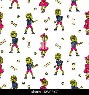 Zombie cartoon teen couple seamless pattern. Stock Vector