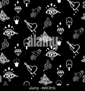 Flash tattoo style black doodles seamless vector pattern. Stock Vector