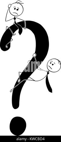 Cartoon stick man drawing conceptual illustration of two business men climbing large question mark symbol. Concept of looking for answers. Stock Vector