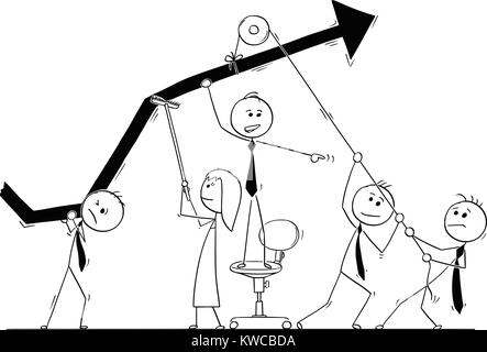 Cartoon stick man drawing conceptual illustration of group of business people working together as team on growth chart to achieve success and profit.  Stock Vector