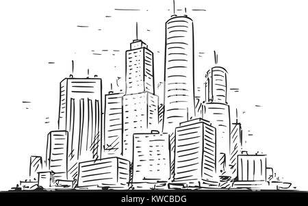 Vector cartoon sketchy hand drawing illustration of city high rise cityscape landscape with skyscraper buildings. Stock Vector