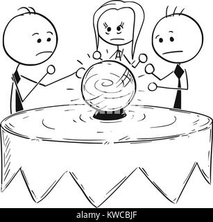 Cartoon stick man concept drawing illustration of business people predict fortune telling market future from the crystal ball. Stock Vector