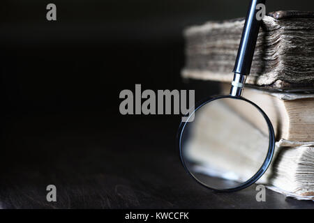 stack of old retro book on wooden brown table Stock Photo