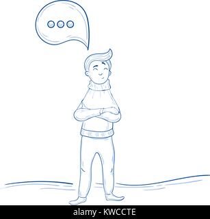 Man stands with comment icon, speech bubble icon with three dots, vector illustration. Hand drawn cartoon style vector illustration Stock Vector