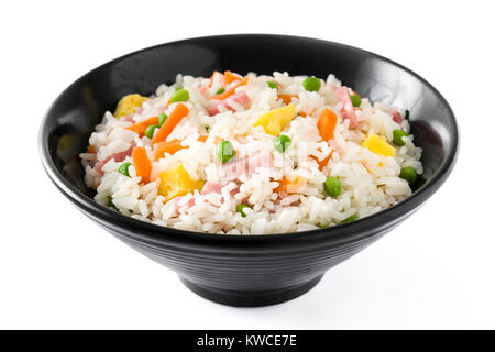 Chinese fried rice with vegetables and omelette in black bowl isolated on white background Stock Photo