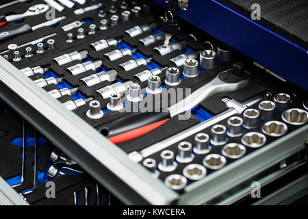 open drawer with auto mechanic repair tool set Stock Photo