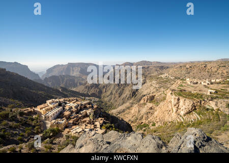 Diana Viewpoint Omani Mountains at Jabal Akhdar in Al Hajar Mountains, Oman at sunset. This place is 2000 meters above sea level. Stock Photo