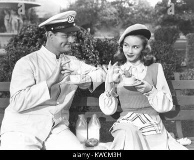 THE FULLER BRUSH MAN, from left: Adele Jergens, REd Skelton on set ...