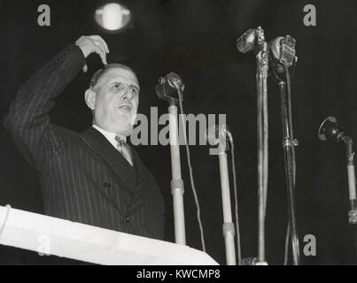 Charles De Gaulle speaking, ca. 1947-50. From April 1947 to May 1953, De Gaulle attempted to achieve national leadership through his French People's Party. He finally became Prime Minister in June 1958. - (BSLOC 2014 15 238) Stock Photo