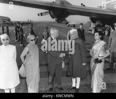 President Harry Truman welcomes the Prime Minister of India, Jawaharlal Nehru, at Washington Airport. With the Prime Minister's are his sister, Madame Pandit and daughter, Indira Gandhi. - (BSLOC 2014 15 35)