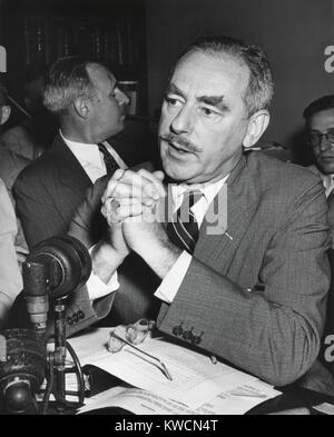 Dean Acheson, Sec. of State, testifying before the House Foreign Affairs Committee. He was supporting the Arms for Europe Program, which would provide U.S. weapons to NATO allies. On Oct. 6, 1949, President Truman signed the Mutual Defense Assistance Act, the first U.S. military foreign aid legislation of the Cold War era. - (BSLOC 2014 15 106) Stock Photo
