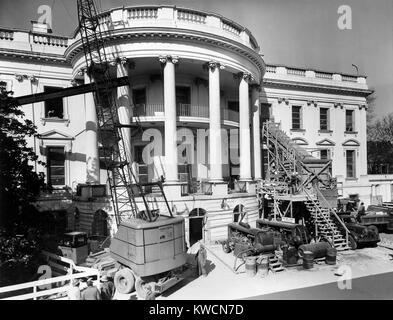 Renovation of the White House during the Truman Administration. Construction activity and equipment at the south porch of the White House, Feb. 27, 1950. - (BSLOC 2014 15 124) Stock Photo