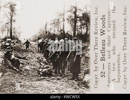 World War 1: Battle of Belleau Wood. Americans with some of the 1,600 Germans they captured. June 1-26, 1918. (BSLOC 2013 1 181) Stock Photo