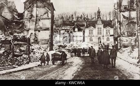 World War 1. The ruins of Chateau-Thierry, France, a center of fighting in June-July 1918. Allied forces stopped the advance of the German Army commanded by the German Crown Prince Wilhelm in their drive for Paris. Photo taken in the winter following the battle. (BSLOC 2013 1 187) Stock Photo