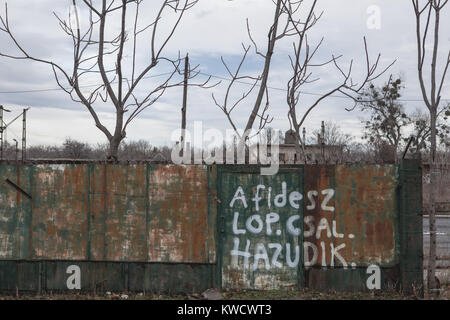 Graffiti about the Hungarian parliament, Budapest January 2018.  'A Fidesz lop scale hazudik' 'Fidesz, stealing cheating lying'. Stock Photo
