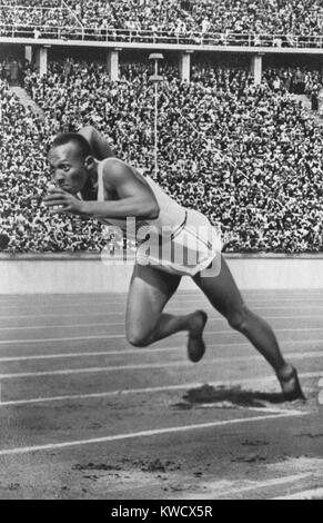 Jesse Owens at start of record breaking 200 meter race at the Berlin Olympics, August 4-5, 1936 (BSLOC 2017 2 191) Stock Photo