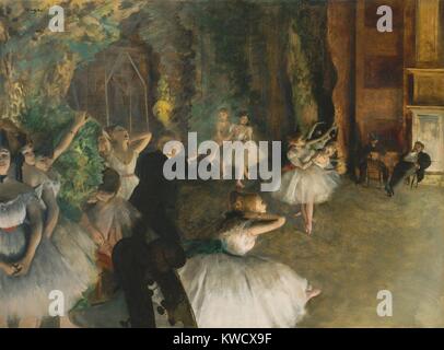 Rehearsal of the Ballet Onstage, by Edgar Degas, 1874, French impressionist mixed media drawing. Ballerinas stand in natural postures offstage, while men observe the dancers onstage. There are amusing cropped violin scrolls at lower left (BSLOC 2017 3 103) Stock Photo