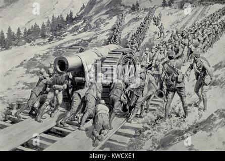 World War 1 in the Italian and Austria Alps. Italian soldiers hauling a monster gun up the Alpine slope in the winter campaign 1915-16. (BSLOC 2013 1 31) Stock Photo