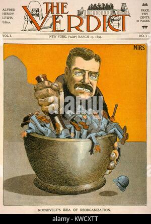 Cartoon of NY Governor Theodore Roosevelt grinding policemen with mortar and pestle. It refers to the Governors investigations into the corruption of Tammany Halls controlled New York City (BSLOC 2017 4 26) Stock Photo