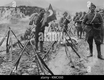 Turkish infantry column at rest with flag and rifles during World War I. (BSLOC 2017 1 149) Stock Photo