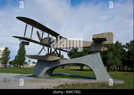 Plane Monument. Monument of the flight that commemorated 100 years of Brazil history in Belem, Portugal. Stock Photo