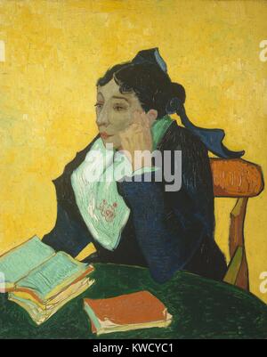 La Berceuse, by Vincent Van Gogh, 1889, Dutch Post-Impressionist, oil on canvas. Portrait of Augustine Roulin, wife of his friend the postmaster of Arles. The title, means lullaby or woman who rocks the cradle. The rope in her hands is attached to uns (BSLOC 2017 5 49) Stock Photo