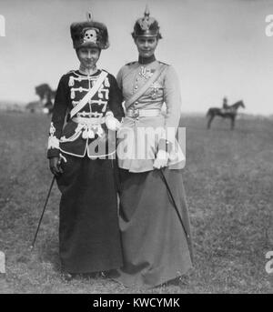 Princess Victoria Louise (left) and Crown Princess Cecilie of Germany, Oct. 7, 1914. They are dressed in uniforms of the Deaths Head Hussars and the Dragoons in the early months of WW1 (BSLOC 2017 2 46) Stock Photo