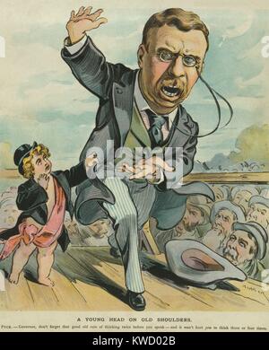 Cartoon of NY Governor Theodore Roosevelt speaking with animation but not restraint. Puck Magazine, Nov. 1, 1899. Puck pulls at his coat to advise he think before speaking (BSLOC 2017 4 27) Stock Photo