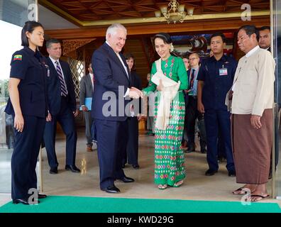 Sec. of State, Rex Tillerson, meets with Burmese State Counsellor Aung San Suu Kyi, Nov, 14, 2017. The United Nations recognizes the 1989 name change of Burma to Myanmar, but the US and UK do not.  (BSLOC 2017 20 68) Stock Photo