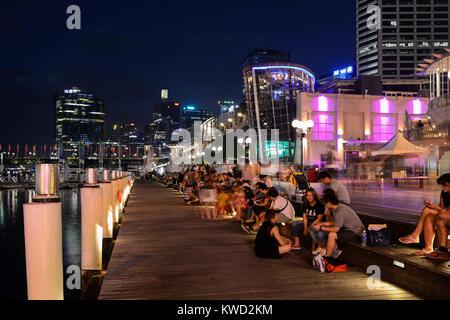 Cockle Bay Wharf in Darling Harbour by night - Sydney, New South Wales, Australia Stock Photo