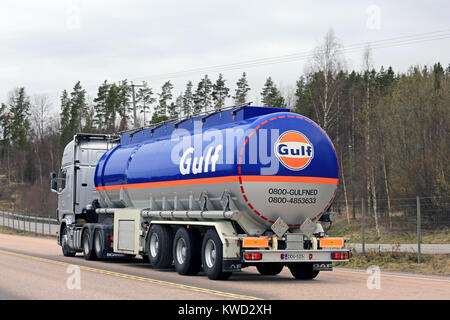 ORIVESI, FINLAND - MAY 17, 2017: Scania R560 Gulf Oil fuel semi tank truck of M. Rautalin on the road in Central Finland. Stock Photo