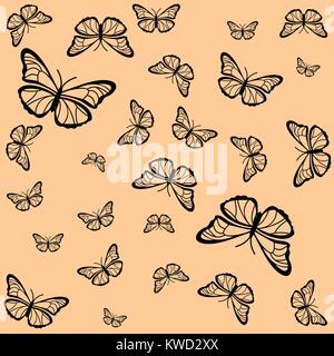 Beige background with black silhouettes of butterflies Stock Vector